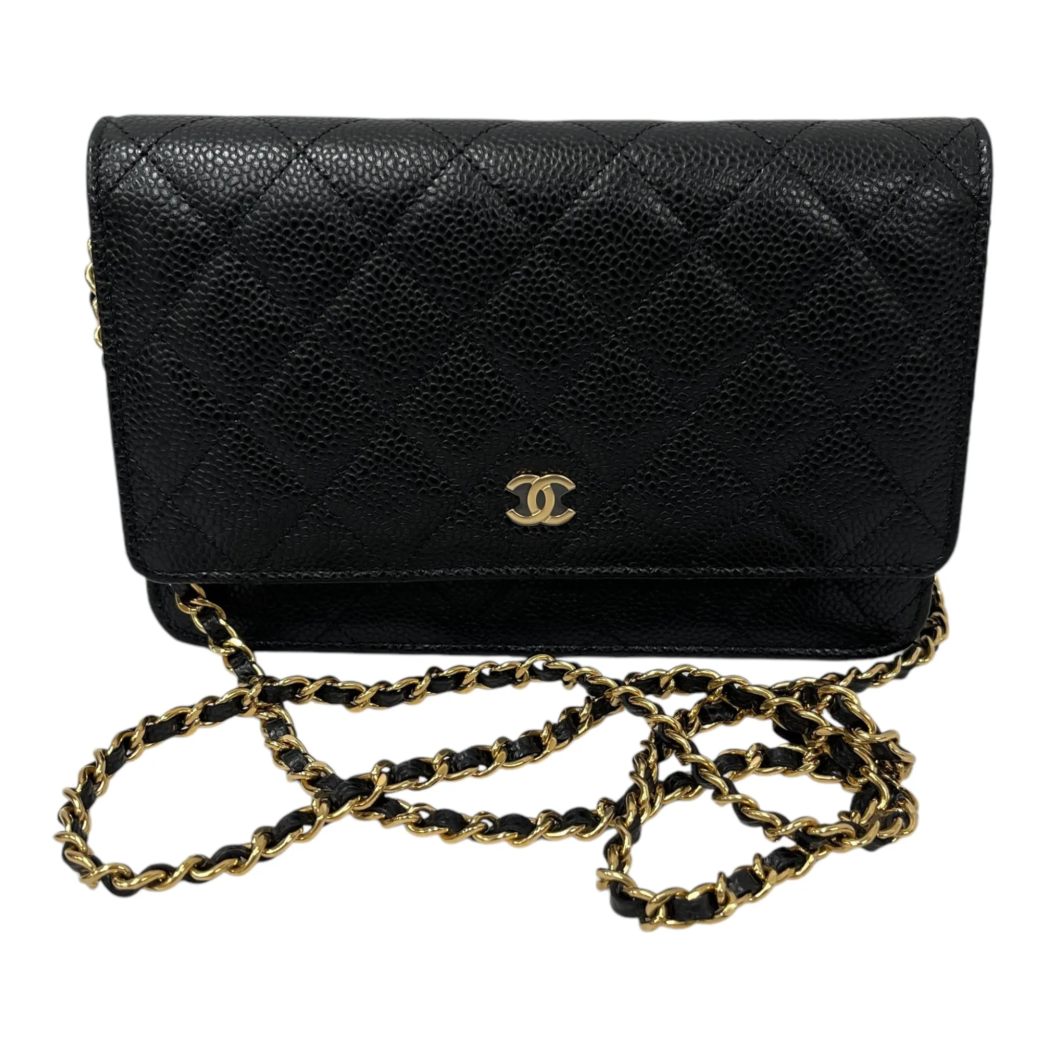 CHANEL/Cross Body Bag/Leather/BLK/Classic Wallet on Chain