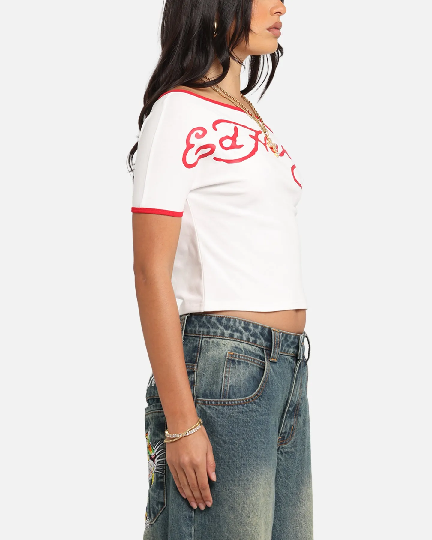 Ed Hardy Women's Aline Baby T-Shirt Off White/Red