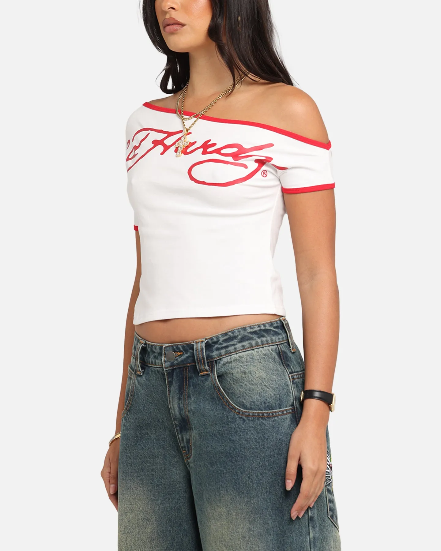 Ed Hardy Women's Aline Baby T-Shirt Off White/Red