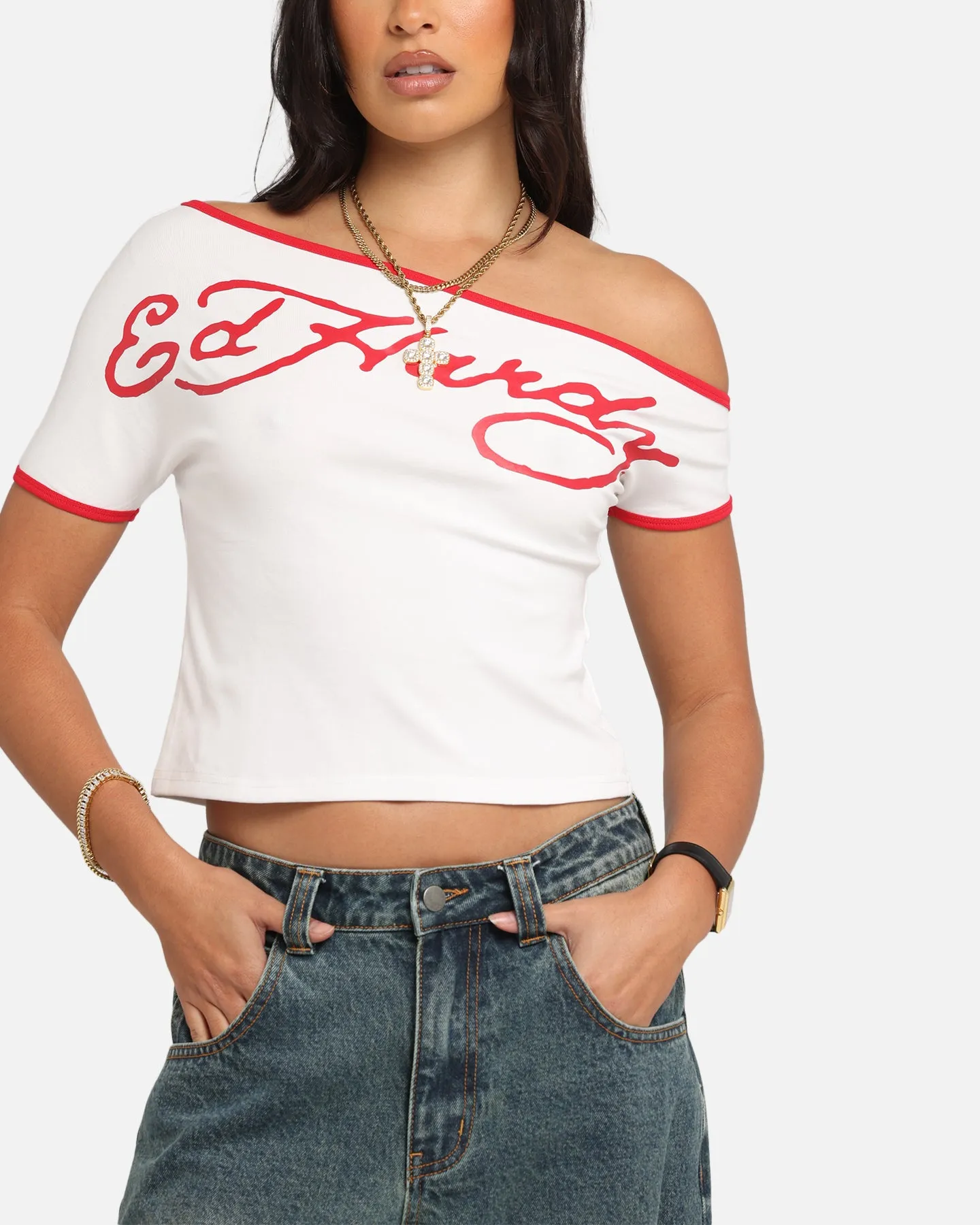 Ed Hardy Women's Aline Baby T-Shirt Off White/Red